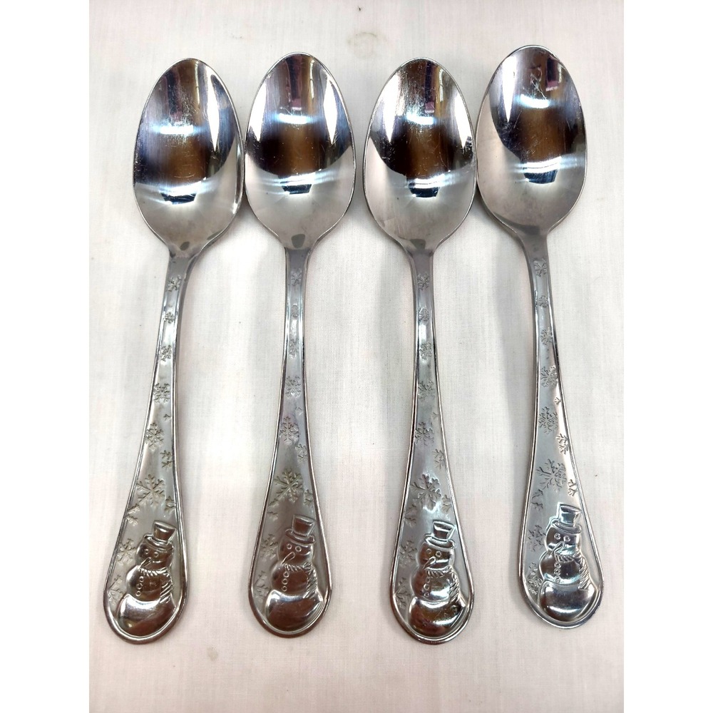 4 Cambridge Stainless Steel Snowman Frost Soup Spoons Silverware Flatware